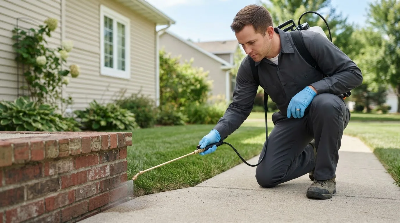 Pest control technician treating a home near West Babylon, NY