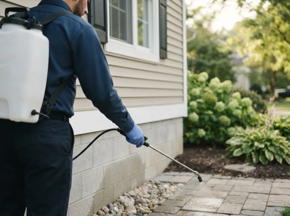 Pest control technician inspecting a home in West Babylon, NY